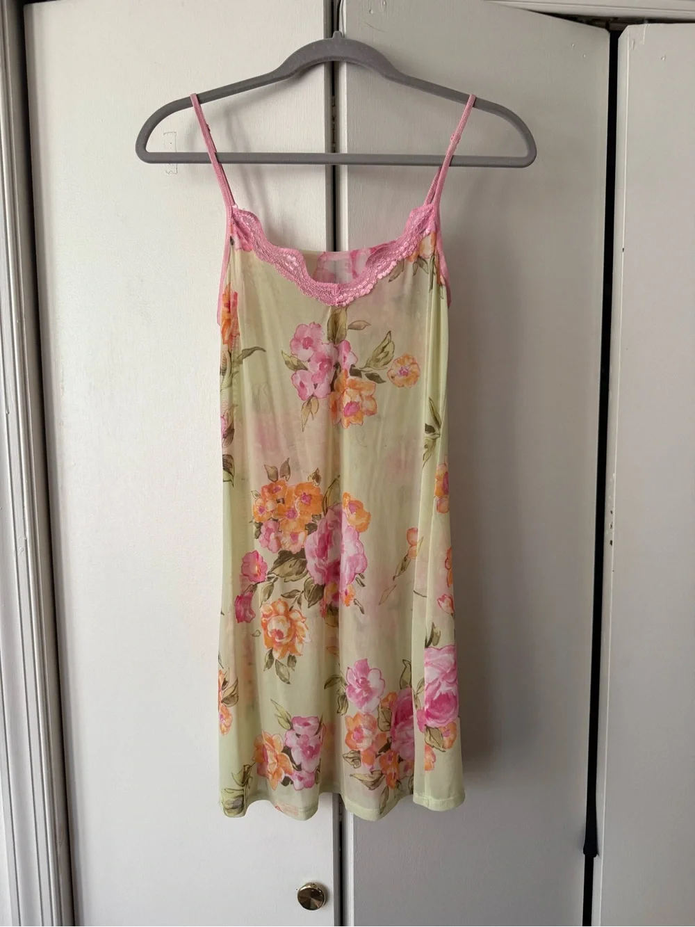 Pink and Green Rose Floral Fairycore Y2K Lace-Trim Slip Dress